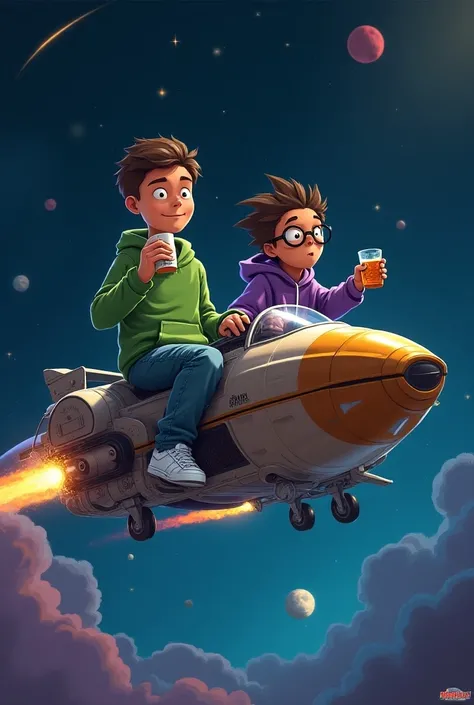 genera unimmagine versione adult swim con due ragazzi che viaggiano sullo spazio con la navicella spaziale di rick and morty men...