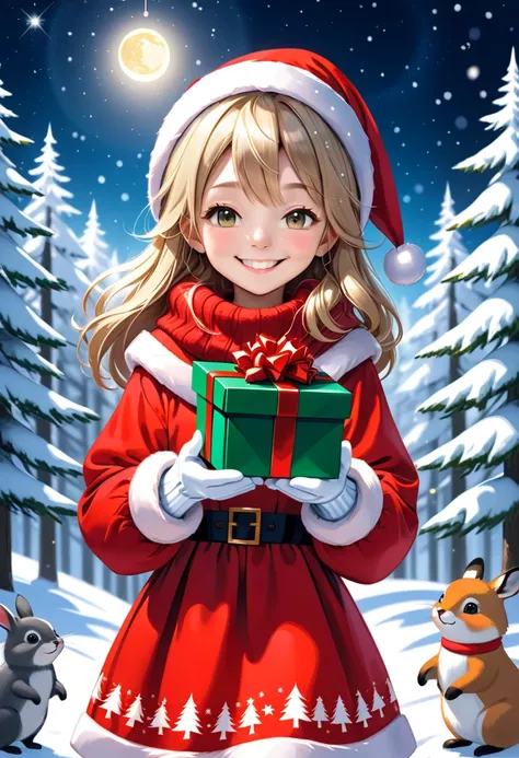 cute girl wearing red Christmas dress and mittens is holding Christmas present, big happy smile with closed eyes, ^_^, surrounde...