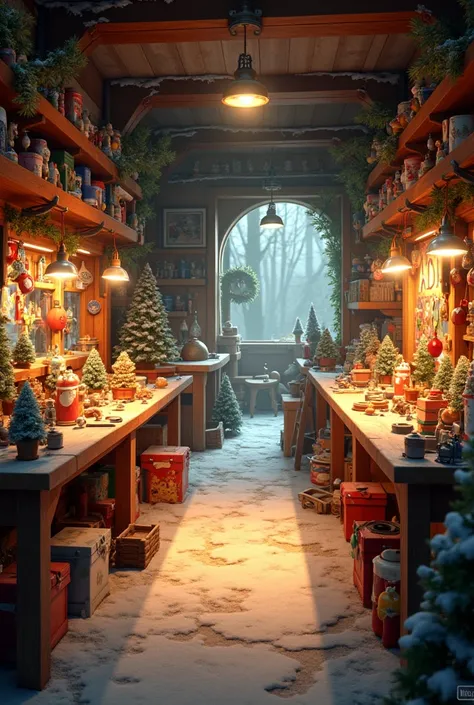 Interior of Santa Clauss workshop in a cell without characters.