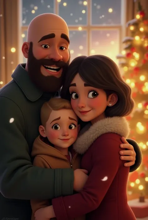  A family that embraces , 
A bald dad with a beard . 
 A mom with dark bob hair.
A blonde girl 
A  with short dark hair .
Its Ch...