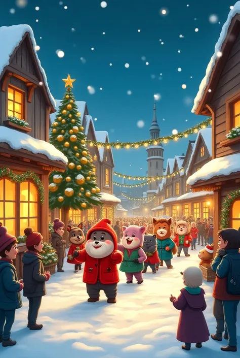 Une affiche pour les illuminations du 8 décembre  nous sommes dans un village de campagne avec une parade de mascotte 