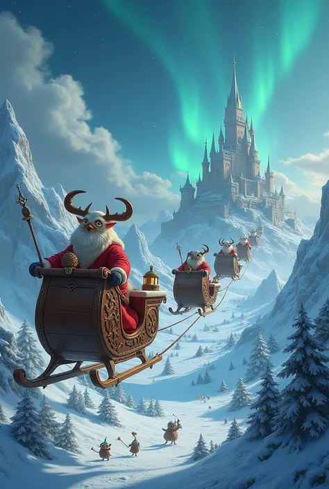 Lots of sleighs in the sky reaching Krampus Castle at the South Pole ,  all while Krampuss minions throw snowballs to divert sle...