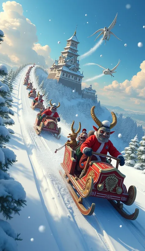  Lots of sleds in the sky reach Osaka Castle in Osaka  ,  All the while、 Krampuss minions throw snowballs and divert the sleigh 