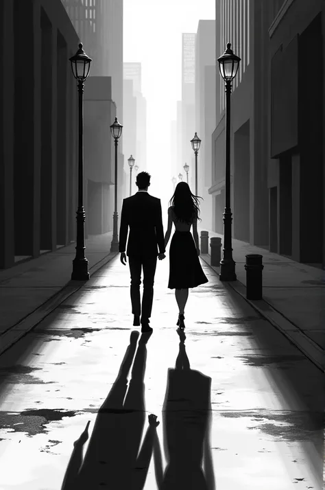 An image of a couple walking down the street in black and white