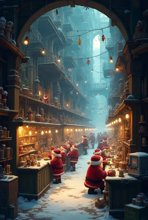 View of the inside of Santa Clauss toy factory with all the elves in action 
Through a window