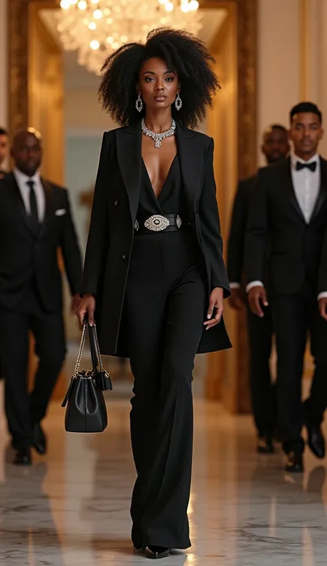 Create an ultra-realistic, full-body image of an elegant, powerful Black woman dressed in a luxurious, high-fashion designer out...