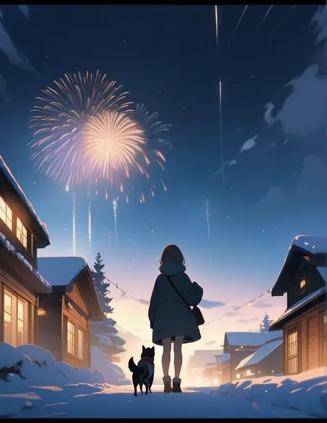best quality, masterpiece, very aesthetic, 1 girl, dog, backshot, fireworks, winter, snow, long shot, wide shot