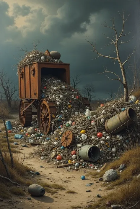  an image with characteristics of Jaques Louis Davids painting showing environmental pollution with garbage, scrap and plastics ...