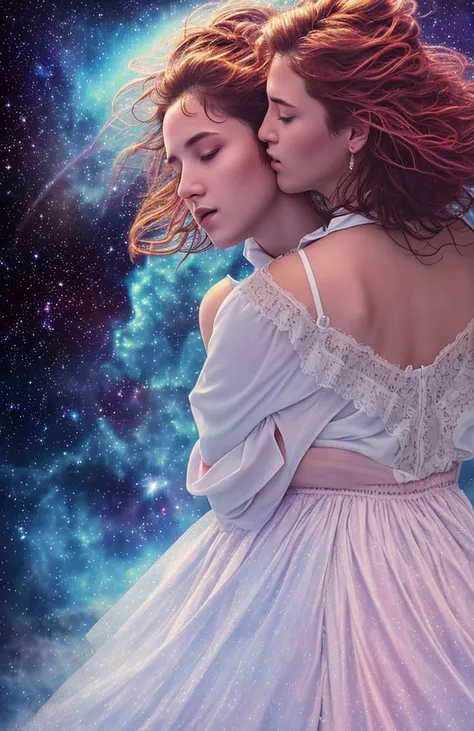 2girls, lift Skirt, collar lace, Wide hips, hugging each other from above view, a girl whispering into a girls, ear from behind,...
