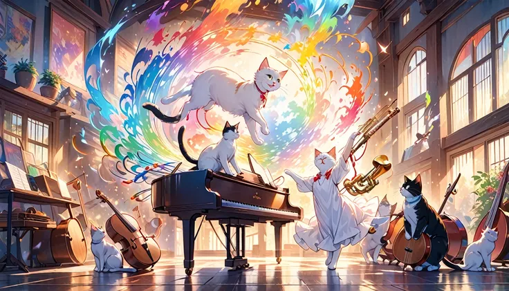 a cat playing music, happy and joyful expression, colorful musical instruments, dynamic movement, magical ambiance, vibrant colo...