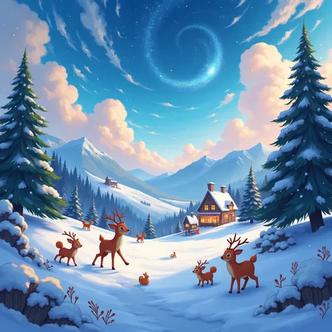 A CHRISTMAS LANDSCAPE WITH ANIME SKY 