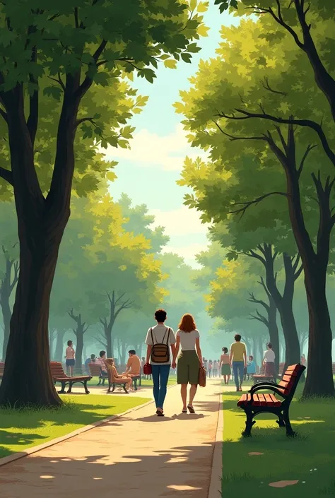 Vignette 1 ( A park full of people ,  with trees and benches ) text (Narrator): "on a sunny day, two people (Lucas and Clara ) t...