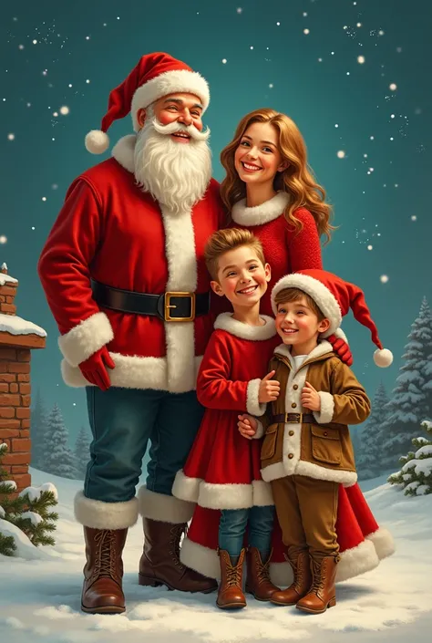 a full body image of a painting of Mr & Mrs Christmas with their Three ren, two teenage sons and one teenage daughter, big happy...