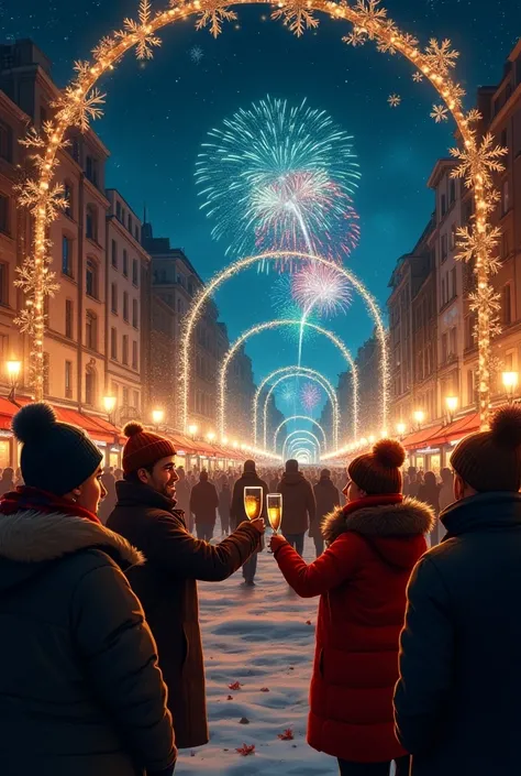 A festive New Year’s Eve in a lively city square, glowing with colorful lights and decorations. The streets are bustling with pe...