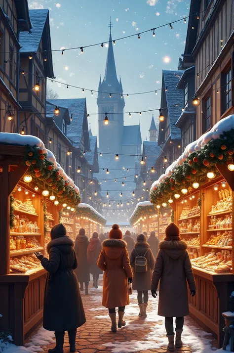 Create an image depicting a Christmas market. 