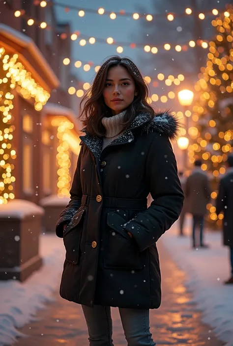 An elegant 40-year-old woman of full build and short stature with shoulder-length dark hair, warmly dressed in a black winter ja...