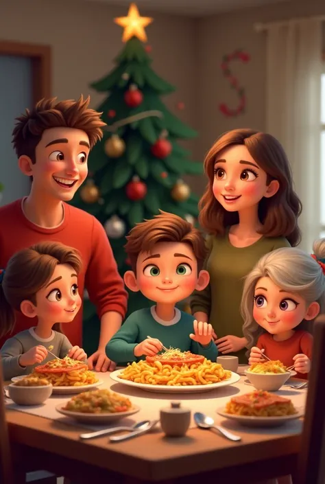  Animated Christmas dinner father mother  daughter with curlers light brown , 17-year-old son with green eyes eating pasta and g...