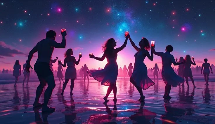 Between the stars and the sea with psychedelic lights everyone dances with a glass in their hand 