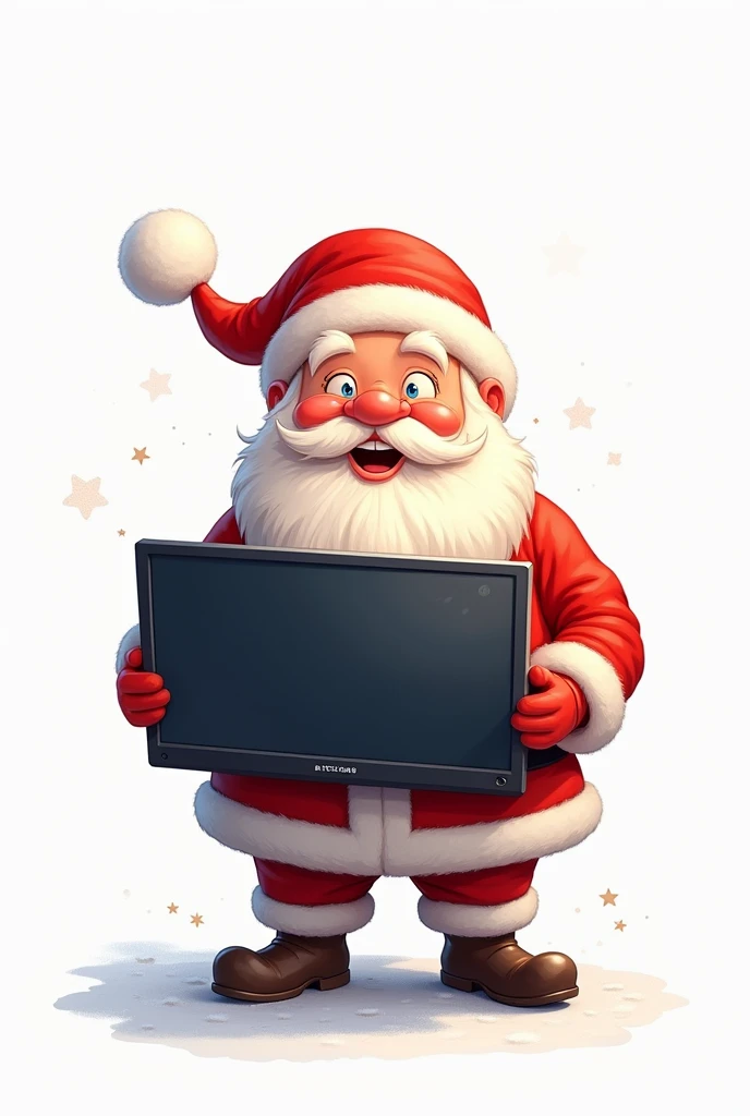 Create an image of a Santa Claus holding a Gamer monitor , with white background, drawing style.
