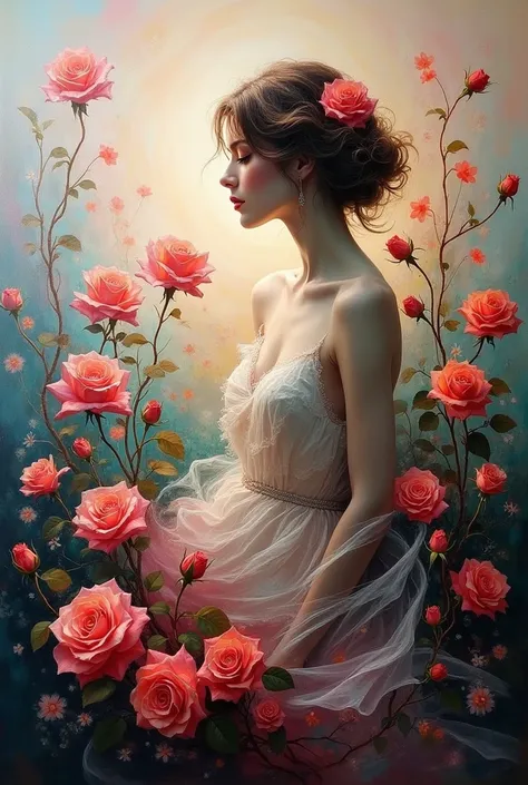 Painting abstract, a lady and roses