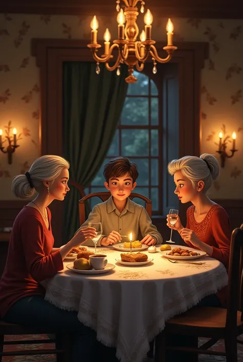A teenage boy having dinner at night with his grandmother and an adult woman in a dining room of an old house