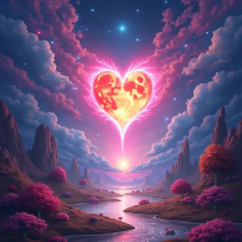 " A magical galaxy with vibrant colors and bright stars. With a luminous heart below, sending pink rays to the Moon and the Sun ...