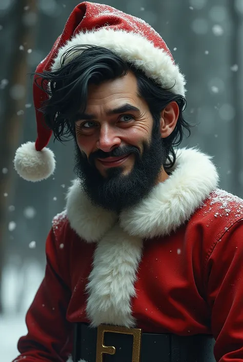 Skinny, dark-haired Santa Claus without a hat on his head 