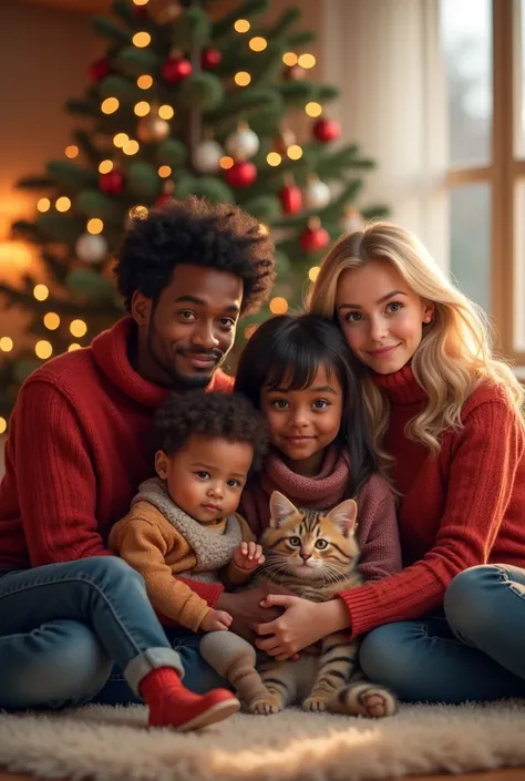  image of a family made up of a  toddler , a  black-haired girl , A mom with blond hair and a black-haired dad ,  with a Christm...