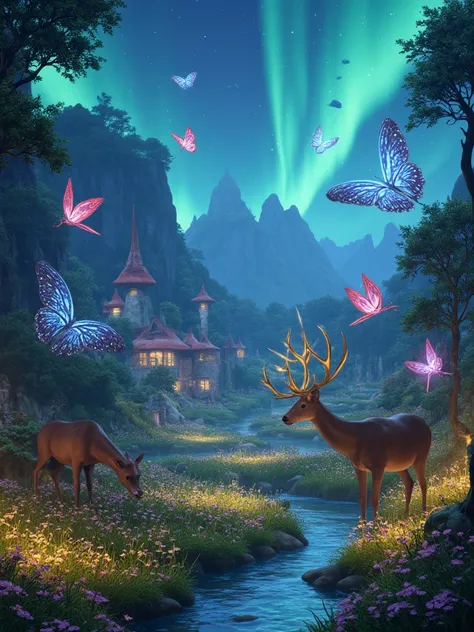 Magical countryside with glowing flora and mythical creatures)
An enchanting pastoral realm illuminated by bioluminescent flow...