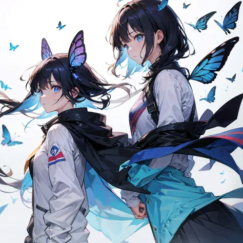  butterfly is flying 、 facing each other at the right angle、1 woman,  stylish ,  stylish  code, big jacket ,  simple white backg...