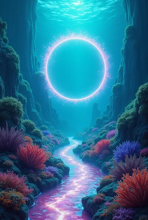 A mirror,  glowing Path surrounded by an overgrowth of colorful coral and Sea plants. A circular neon portal is at the end of th...