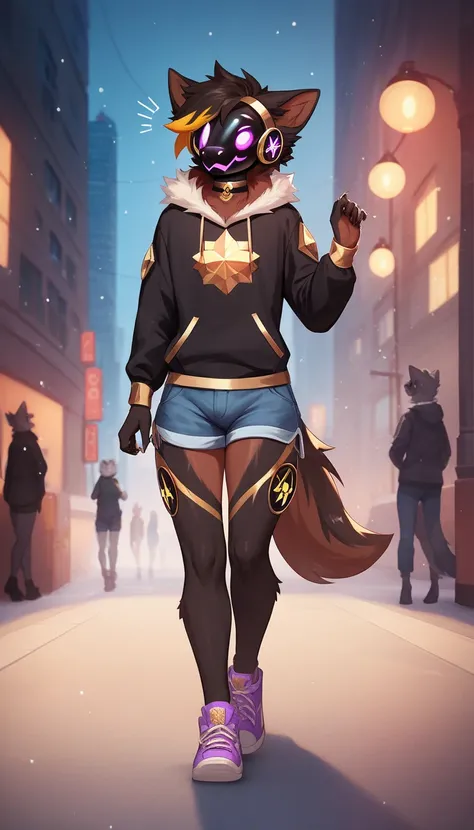 Surprise expression, 1femboy, anthro, protogen, (black fur, gold trim), dark brown fur highlights, purple eyes, Messy hair, (19 ...