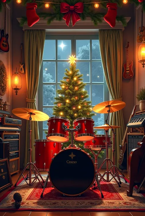  image of a musical studio ,  with Christmas tree ,  with several musical instruments , And a drum set in the middle , Written b...