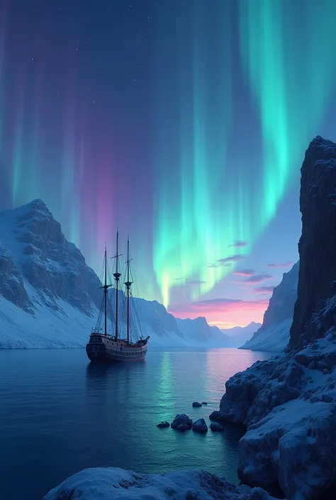 masterpiece,Im standing at the tip of a ship, from side,colorful auroras are vaguely projected in the sky（ moving illustration ）...