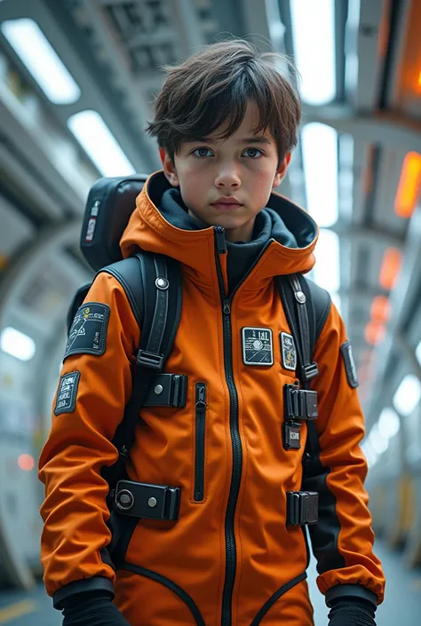 A young teenage boy in a futuristic sci-fi setting, wearing a sleek, modern space suit with a design similar to his crew members...