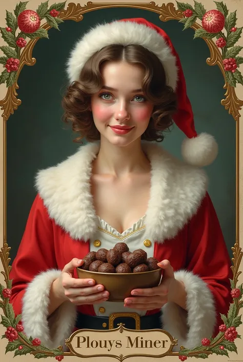 plan large : Vintage engraving style  : une belle femme française habiller en mère Noel qui sourie et joue avec du chocolat dans...