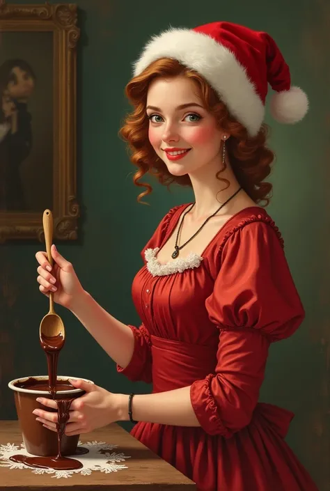 il y a une jeune fille 17ans, Châtin vêtue dune robe rouge et dun bonnet de père Noël qui pose pour une toile, elle mélange du c...