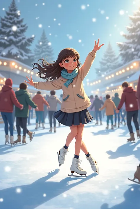 korumi est a la patinoire. Il neige. Il y a beaucoup de monde