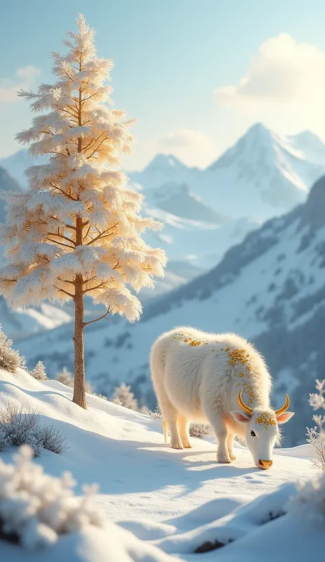  imaginary　snow　In the mountains　Gold Tree 　White leaves　cute white cow　Gold decoration

