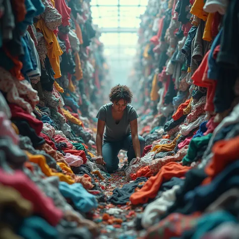 person looking for clothes in a mountain of clothes 