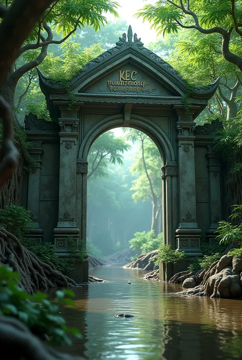 (photorealism:1.2),  the archway in the forest reads ,"  KEC MUARAGEMBONG "  around the mangrove forest  , realistic 