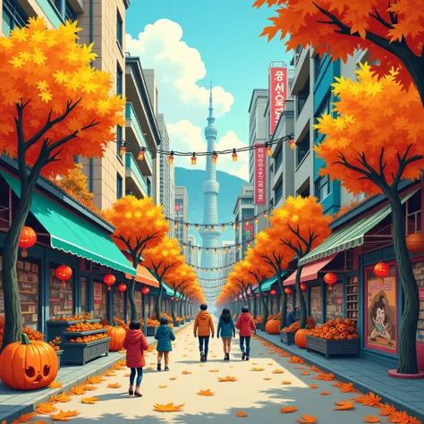 There are many illustrations of cities with colorful leaves, Korea, Seoul, In the style of a vivid cartoonist, fall,, Jack Os la...