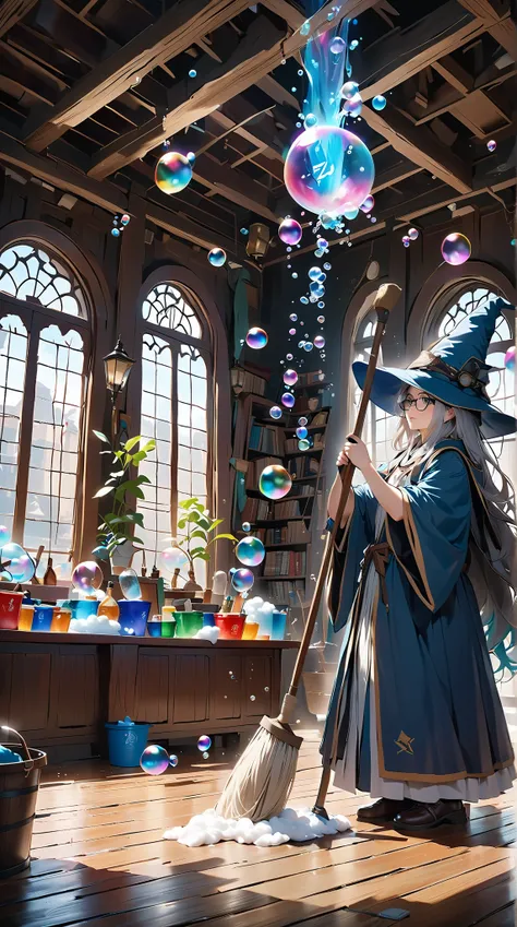 score_9, score_8_up, score_7_up, score_6_up, masterpiece, best quality, 4k, high res, extreme wide, a wizard cleaning, wizard (g...