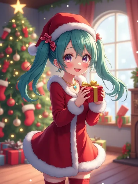 A highly detailed and vibrant 8K anime-style image of a cute girl dressed as Santa Claus in a cozy, festive room decorated for C...