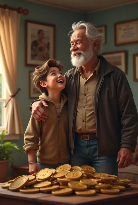 A proud son next to his father ,  seeing the large amount of bitcoin his father kept for him