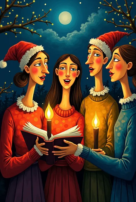 A group of carolers singing by candlelight, depicted in a cubist Picasso-inspired style with fragmented yet expressive faces, vi...