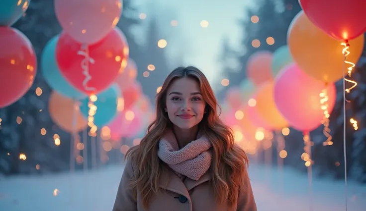 Svetlana happy birthday in winter theme, balloons, spotlights