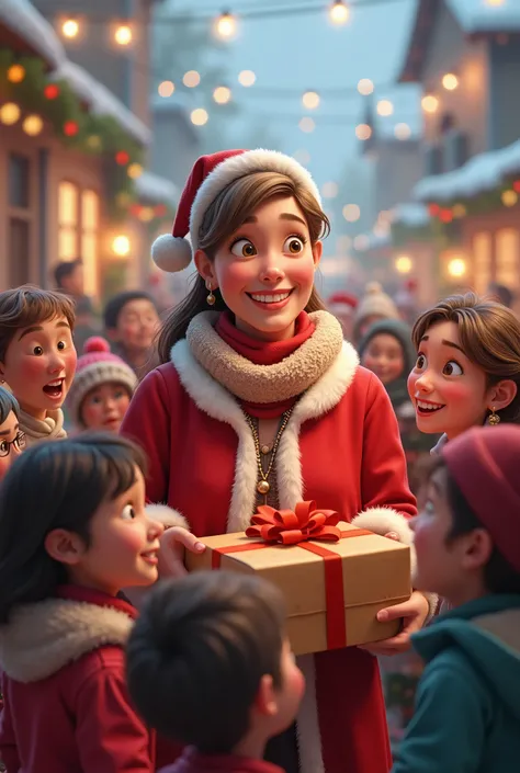 Mother giving gifts to many ren at Christmas cartoon donation  
