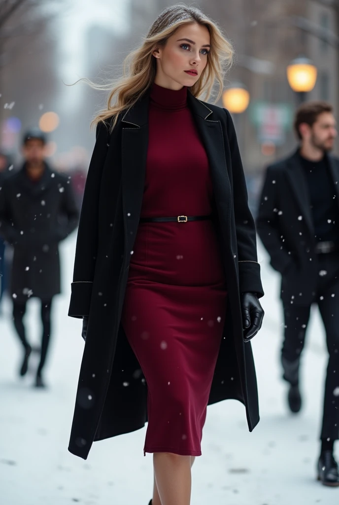 A very beautiful and elegant girl  , wearing a tight burgundy dress and her length is midi she wears a black coat and modern bla...