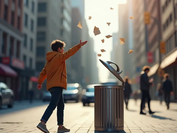 Create an image of a  throwing paper in a garbage can on a street where the foreground is in focus and the background is out of ...